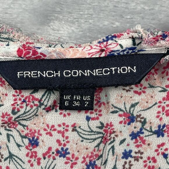French Connection Top Womens 2 White Pink Multi Floral Chiffon Raw Edge Tank - Picture 7 of 13